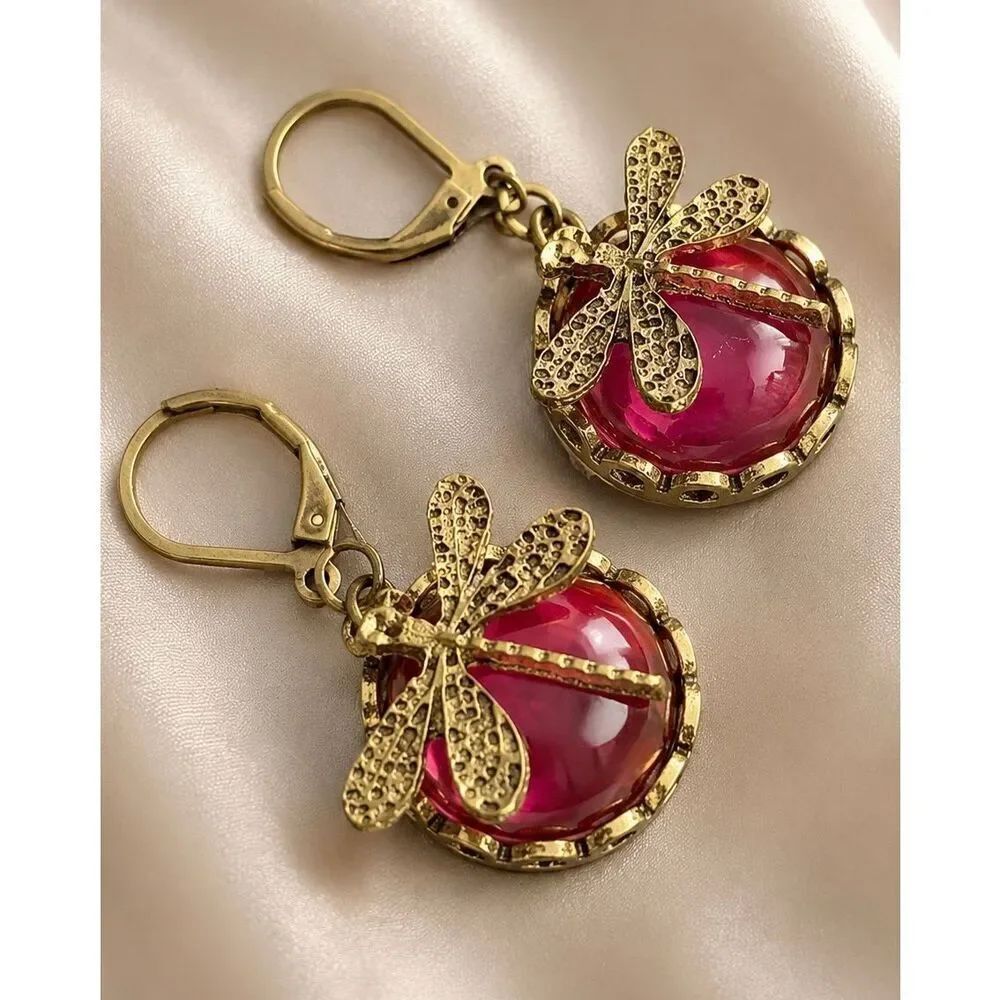 Pink Dragonfly Earrings, Insect Art Deco 1920s Victorian Style Gold Tone